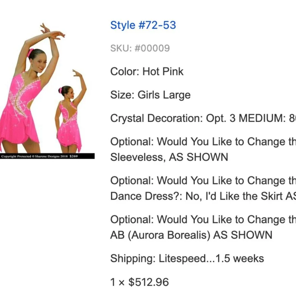 Sharene Designs Style 7253 Girls pink figure skating dress size Large size 12